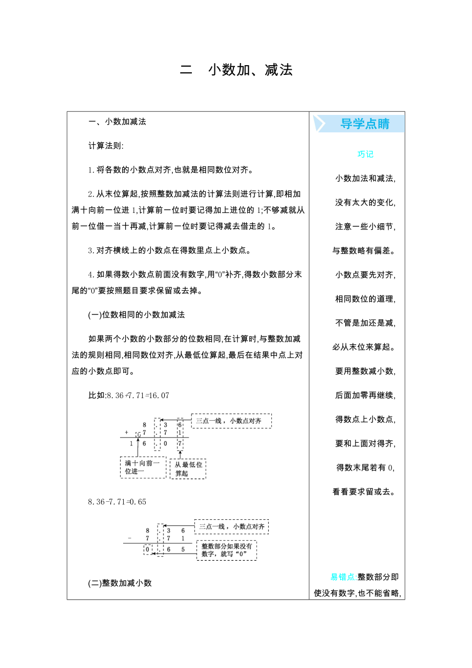 四年級下冊數(shù)學(xué)素材資料 二 小數(shù)加、減法北京版(2014秋)_第1頁