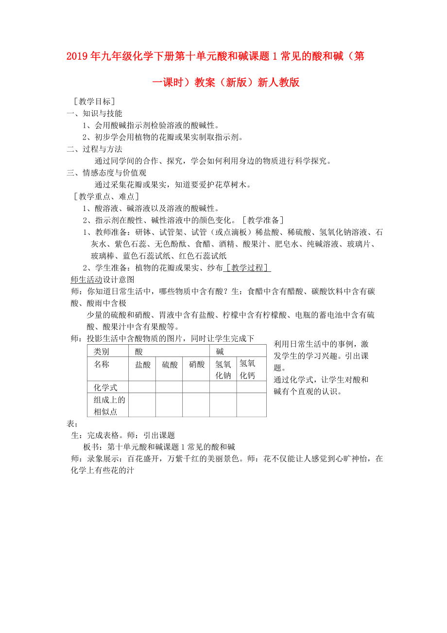 2019年九年級化學(xué)下冊 第十單元 酸和堿 課題1 常見的酸和堿(第一課時)教案 (新版)新人教版_第1頁