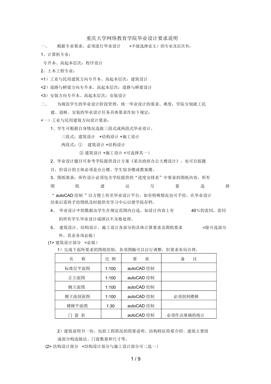 重庆大学网络教育学院毕业设计方案要求说明77_第1页