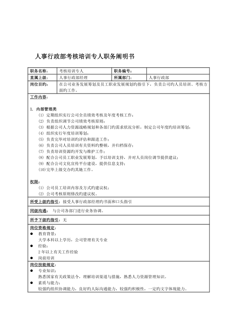 國安創(chuàng)想公司人事行政部考核培訓專員職務專項說明書_第1頁