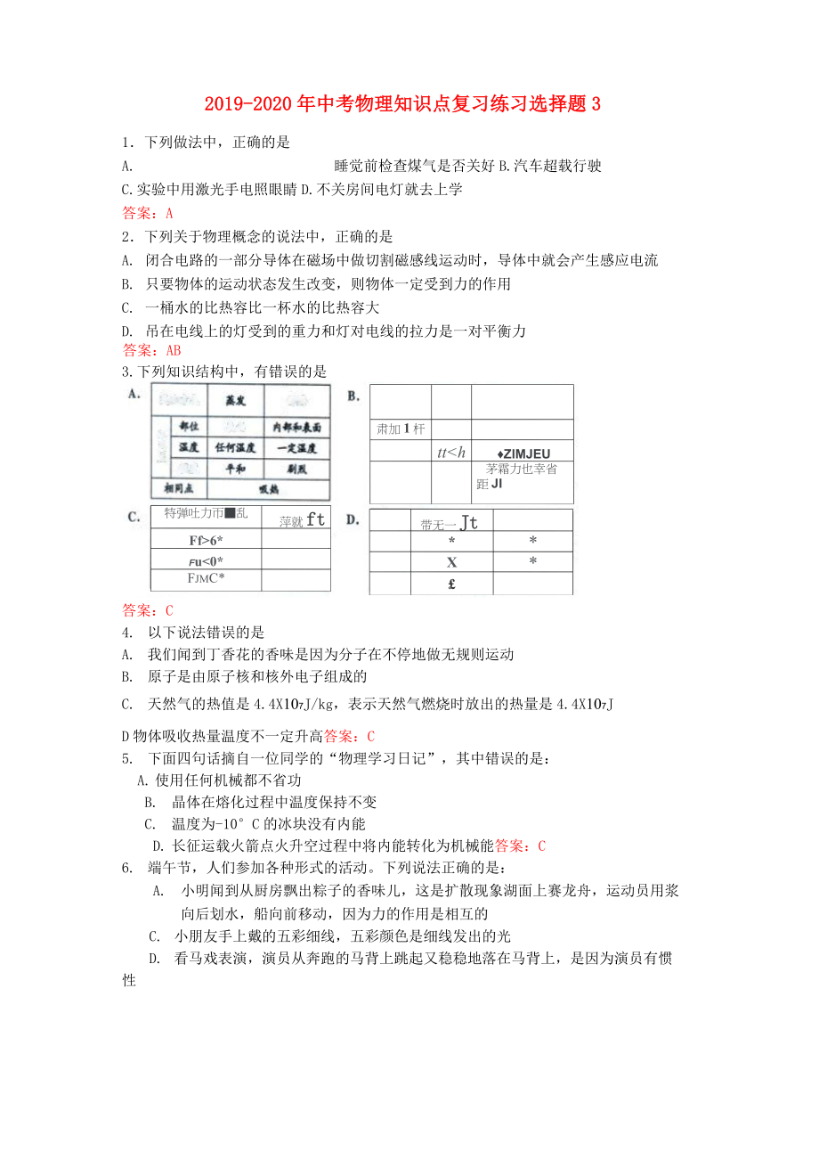 2019-2020年中考物理知識點(diǎn)復(fù)習(xí)練習(xí) 選擇題3_第1頁