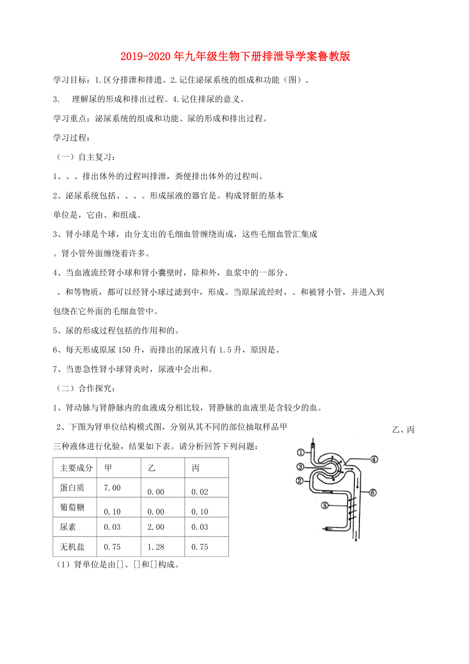 2019-2020年九年級生物下冊 排泄導(dǎo)學(xué)案 魯教版_第1頁