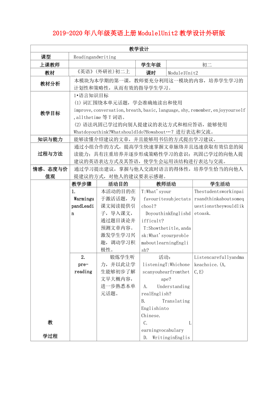 2019-2020年八年級英語上冊 Module1 Unit2教學(xué)設(shè)計(jì) 外研版_第1頁