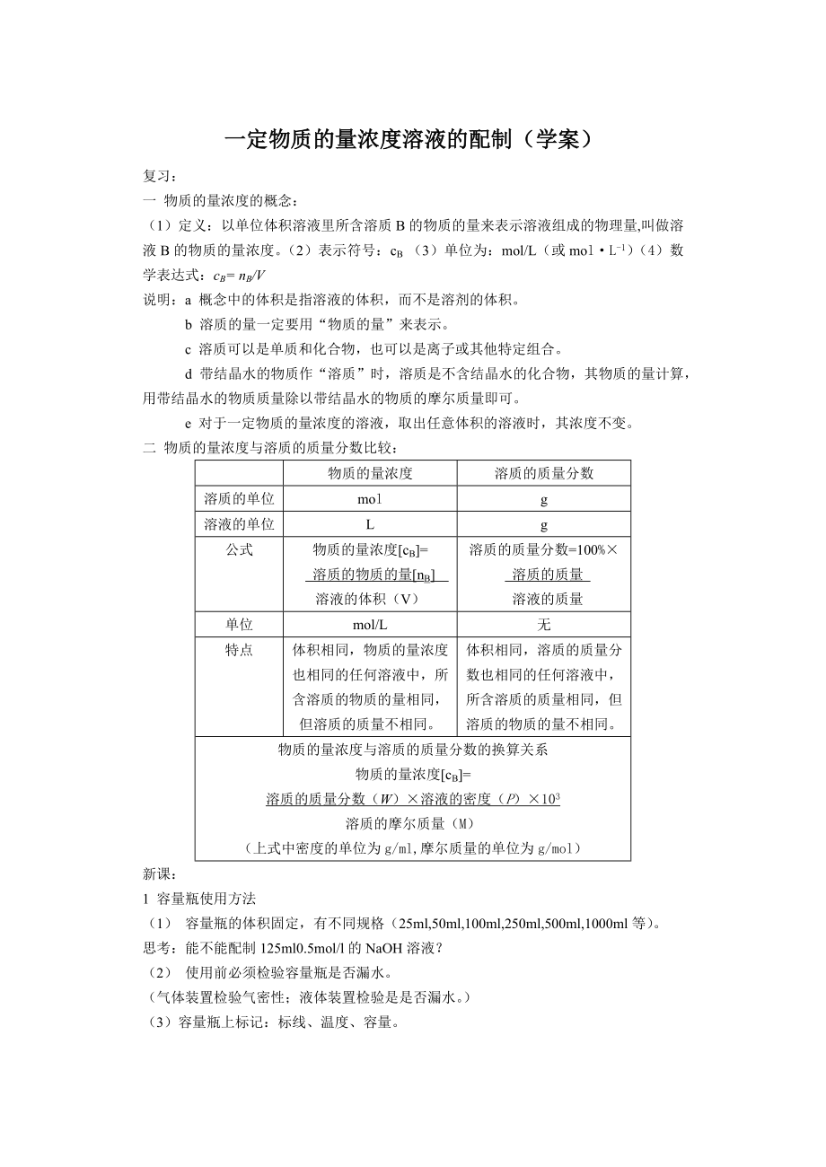 一定物质的量浓度溶液的配制(学案)_第1页