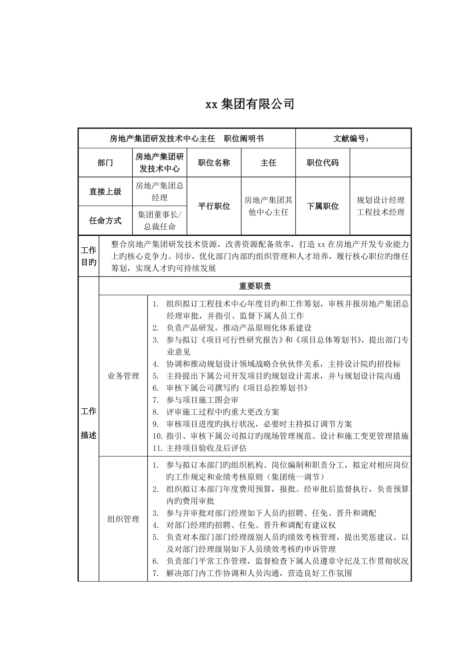 房地产集团研发重点技术中心主任岗位专项说明书_第1页