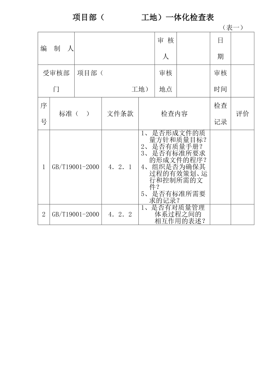 項目部工地一體化檢查表_第1頁