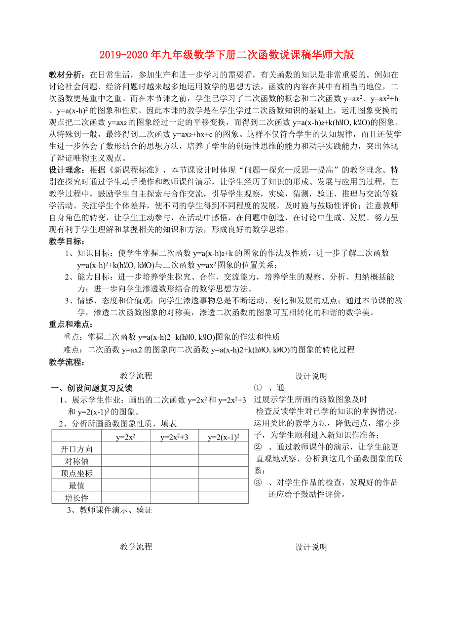 2019-2020年九年级数学下册 二次函数说课稿 华师大版_第1页