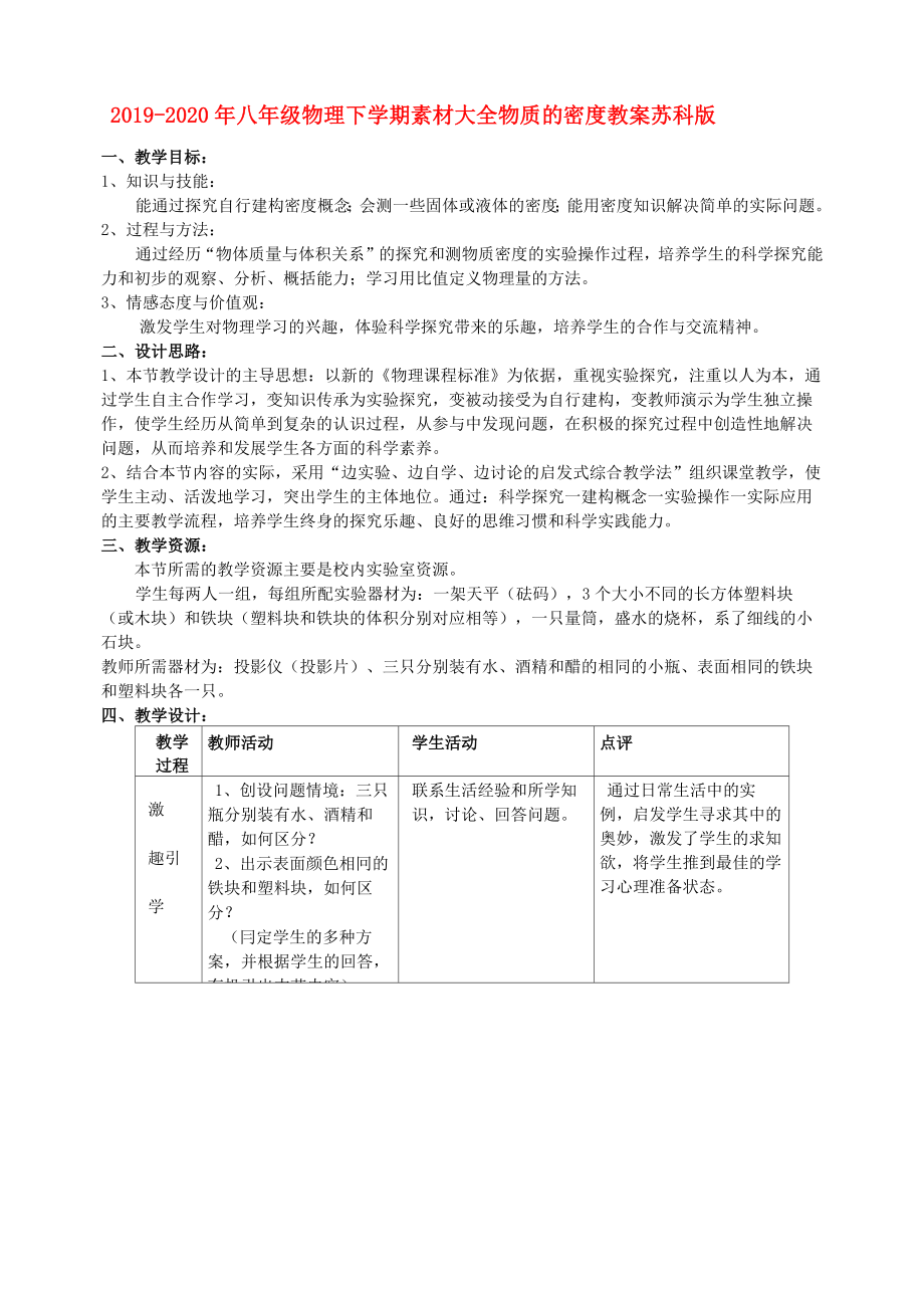 2019-2020年八年級物理下學(xué)期素材大全 物質(zhì)的密度教案 蘇科版_第1頁