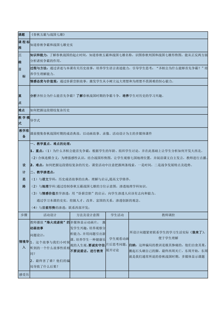 《春秋五霸與戰(zhàn)國七雄》教學(xué)設(shè)計_第1頁