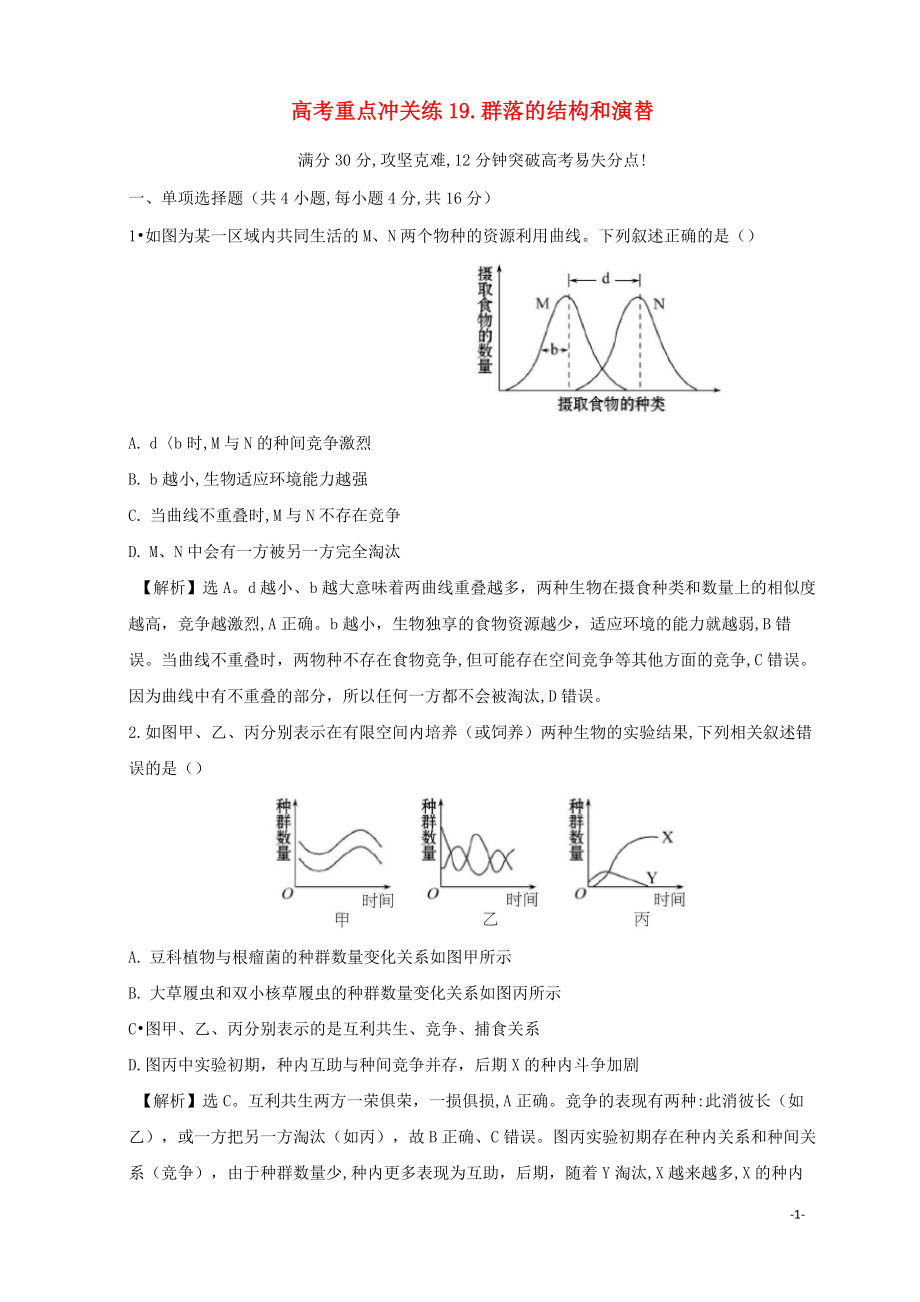 2020版高考生物二輪復(fù)習(xí) 高考重點沖關(guān)練19 群落的結(jié)構(gòu)和演替_第1頁