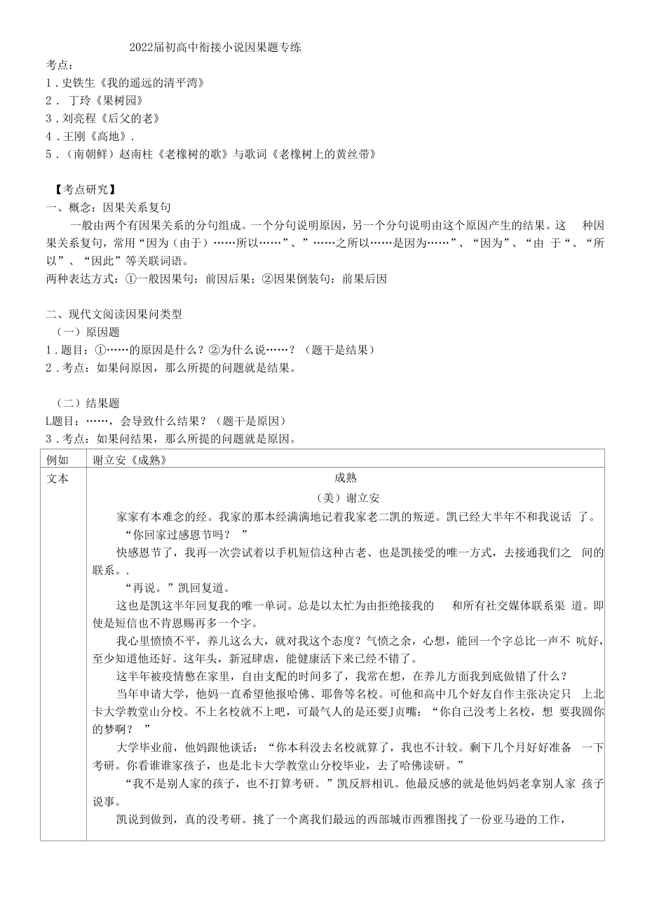 2022年初高中銜接小說因果題專練.docx_第1頁(yè)