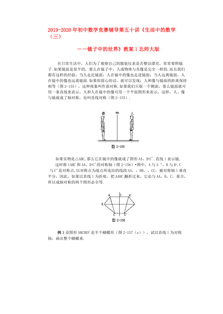 2019-2020年初中數(shù)學(xué)競(jìng)賽輔導(dǎo) 第五十講《生活中的數(shù)學(xué)(三)——鏡子中的世界》教案1 北師大版_第1頁(yè)