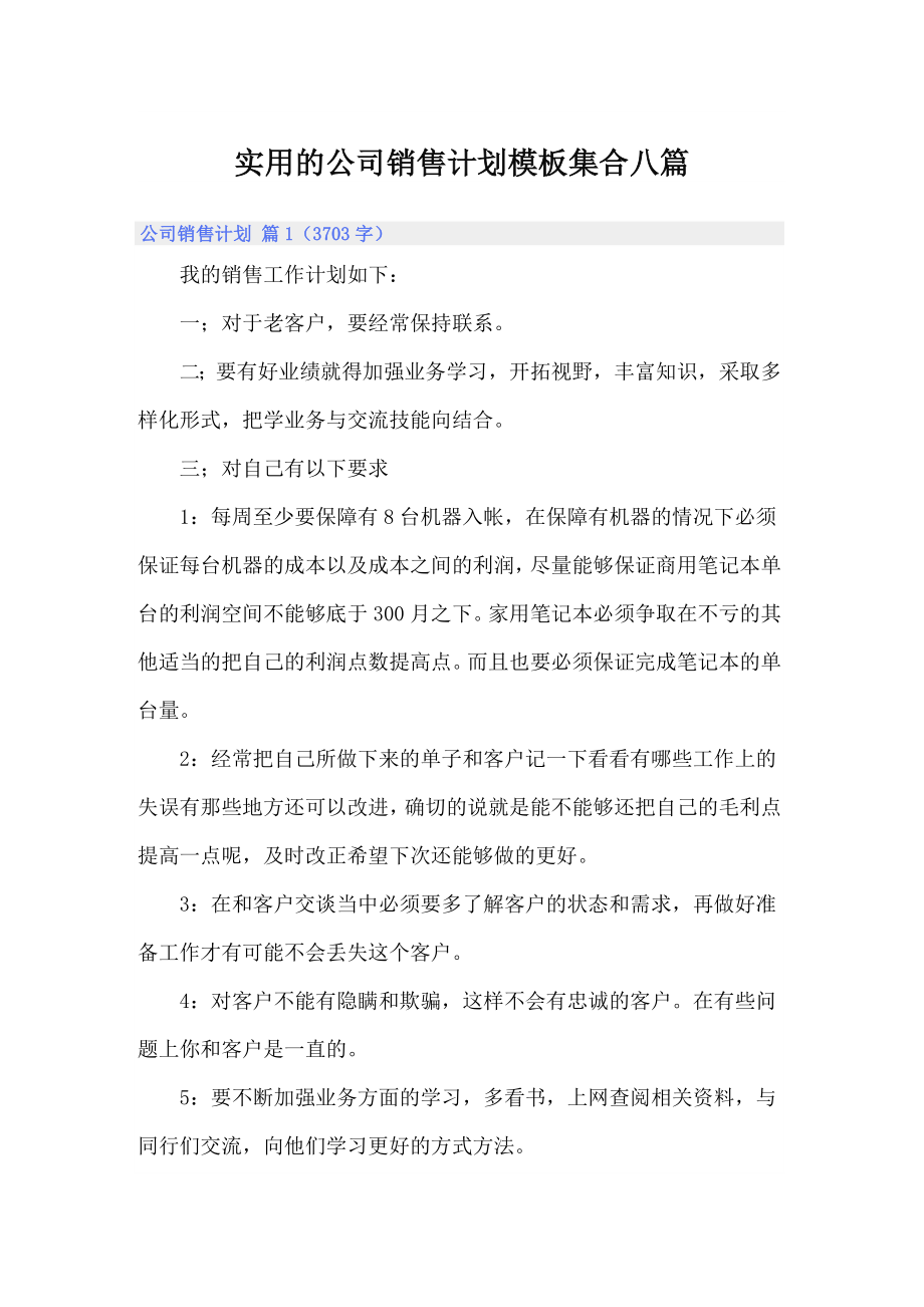 实用的公司销售计划模板集合八篇_第1页