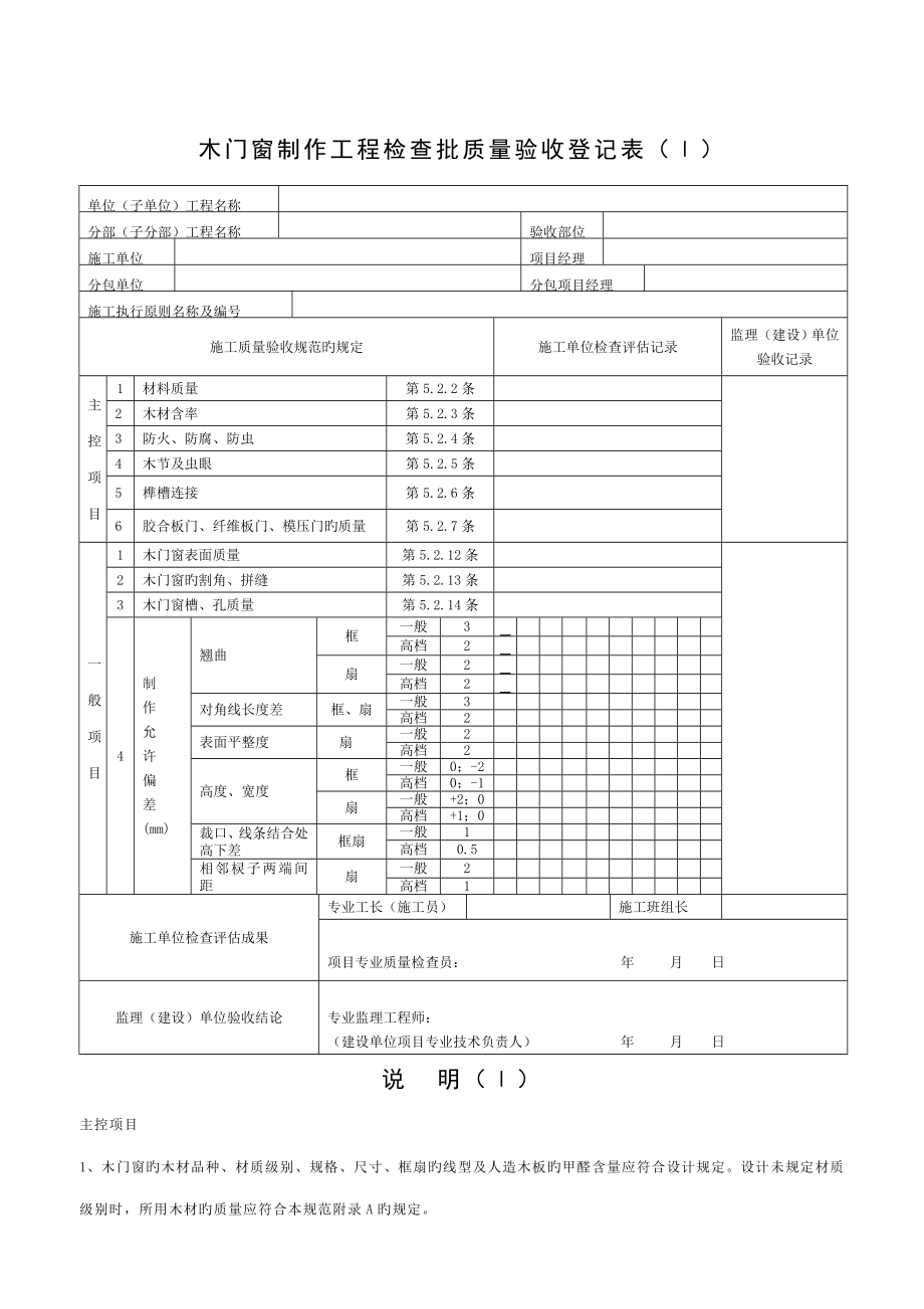 木门窗制作关键工程检验批质量验收记录表_第1页