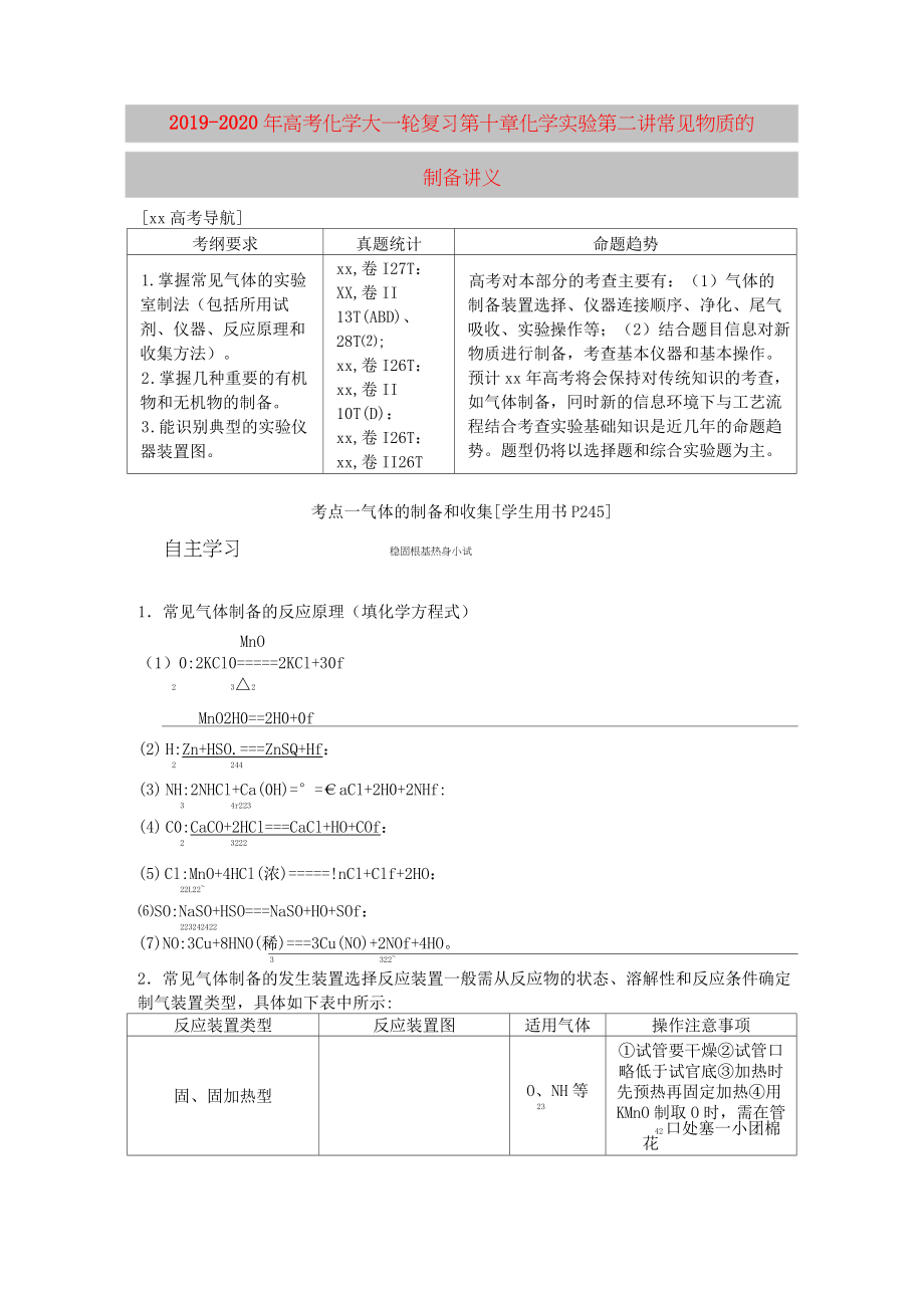 2019-2020年高考化學大一輪復習 第十章 化學實驗 第二講 常見物質的制備講義_第1頁