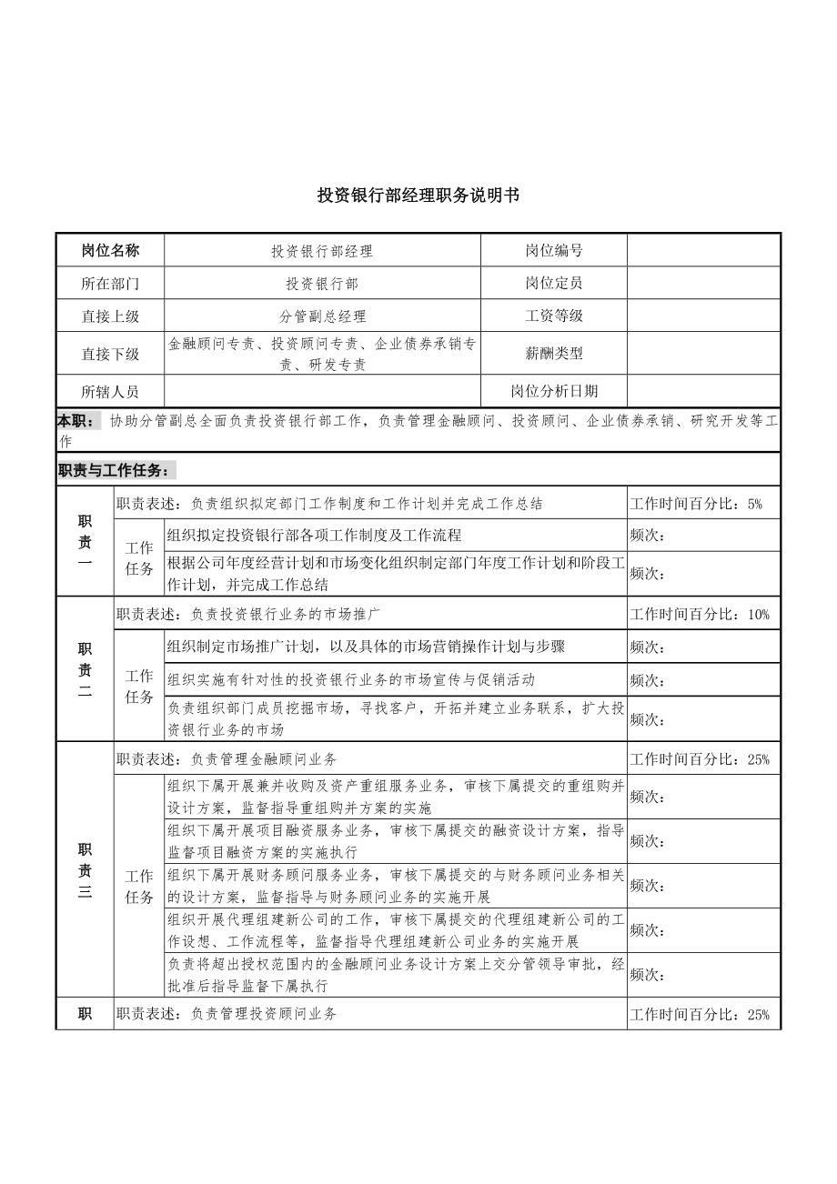 信托投資公司投資銀行部經(jīng)理職務(wù)說明書_第1頁