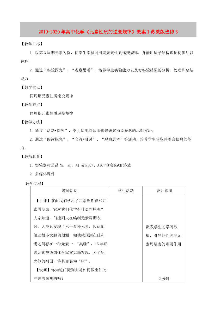 2019-2020年高中化學《元素性質的遞變規(guī)律》教案1 蘇教版選修3_第1頁