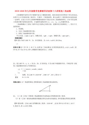 2019-2020年九年級(jí)數(shù)學(xué)競(jìng)賽輔導(dǎo)講座 第十六講 銳角三角函數(shù)