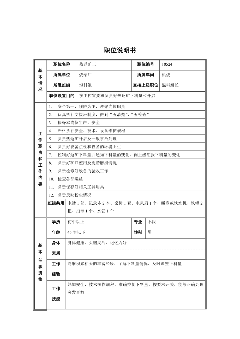 烧结厂机烧混料组热返矿工职位说明书_第1页