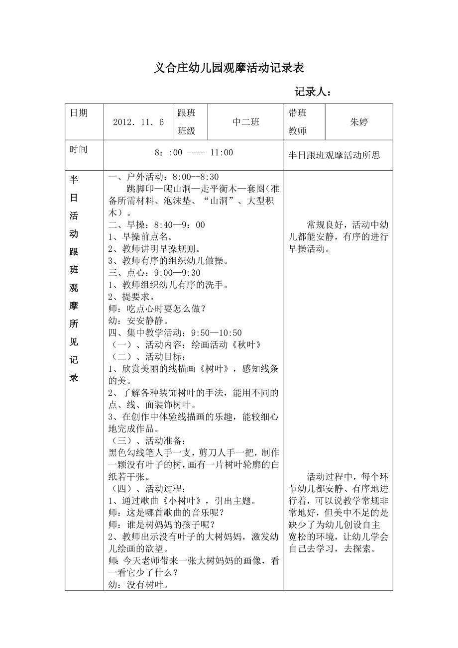 幼兒園新教師半日活動(dòng)跟班觀摩記錄表.doc_第1頁(yè)