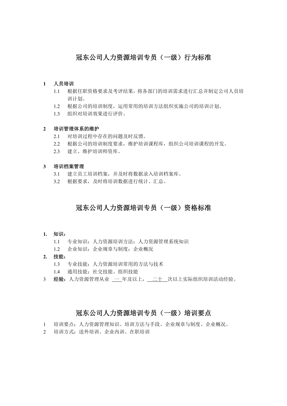 冠东公司人力资源培训专员任职资格_第1页