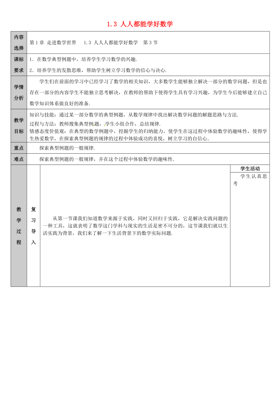 吉林省七年级数学第1章走进数学世界1.3人人都能学好数学教案新版华东师大版.docx_第1页