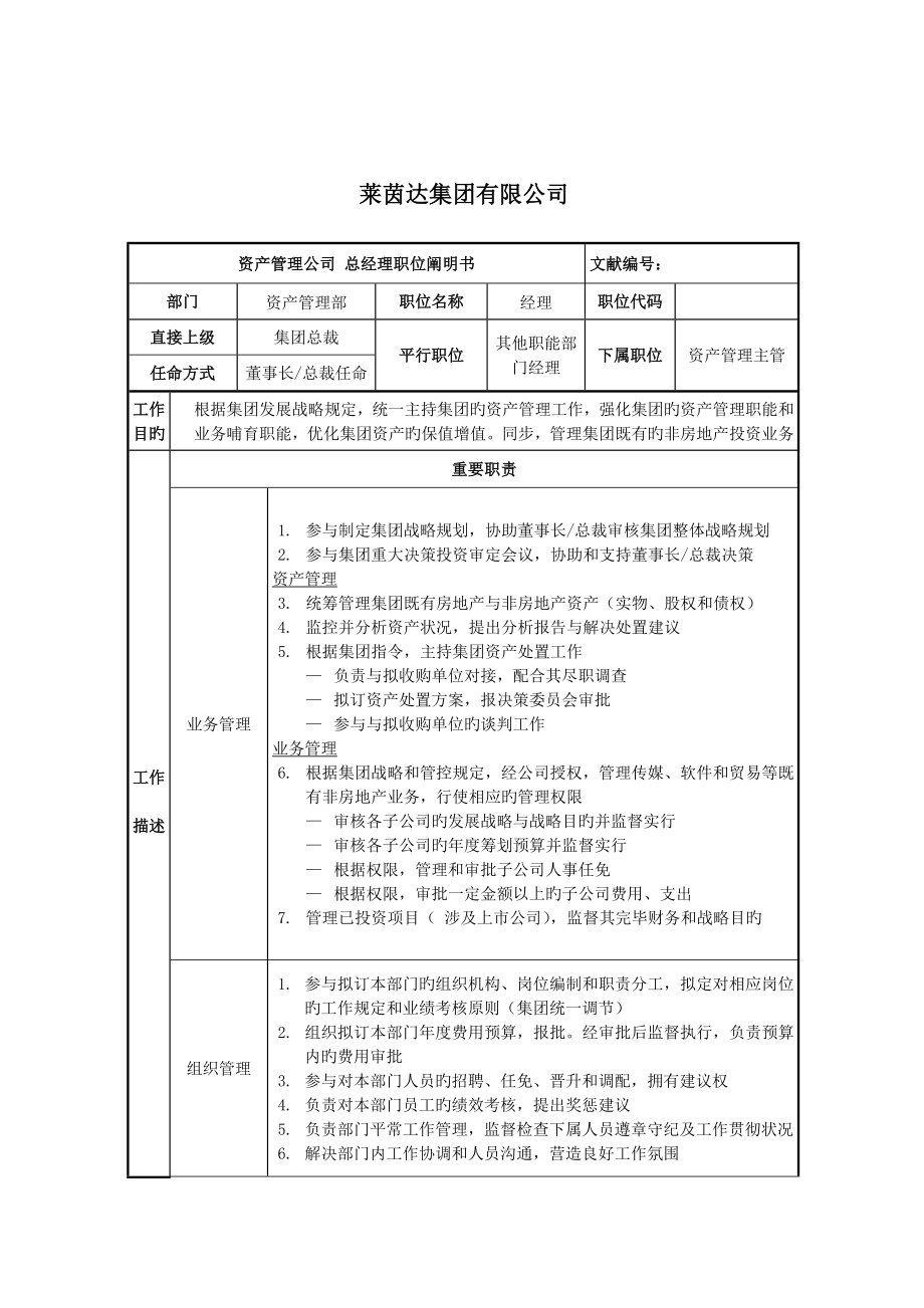 莱茵达公司资产管理部经理职位专项说明书_第1页