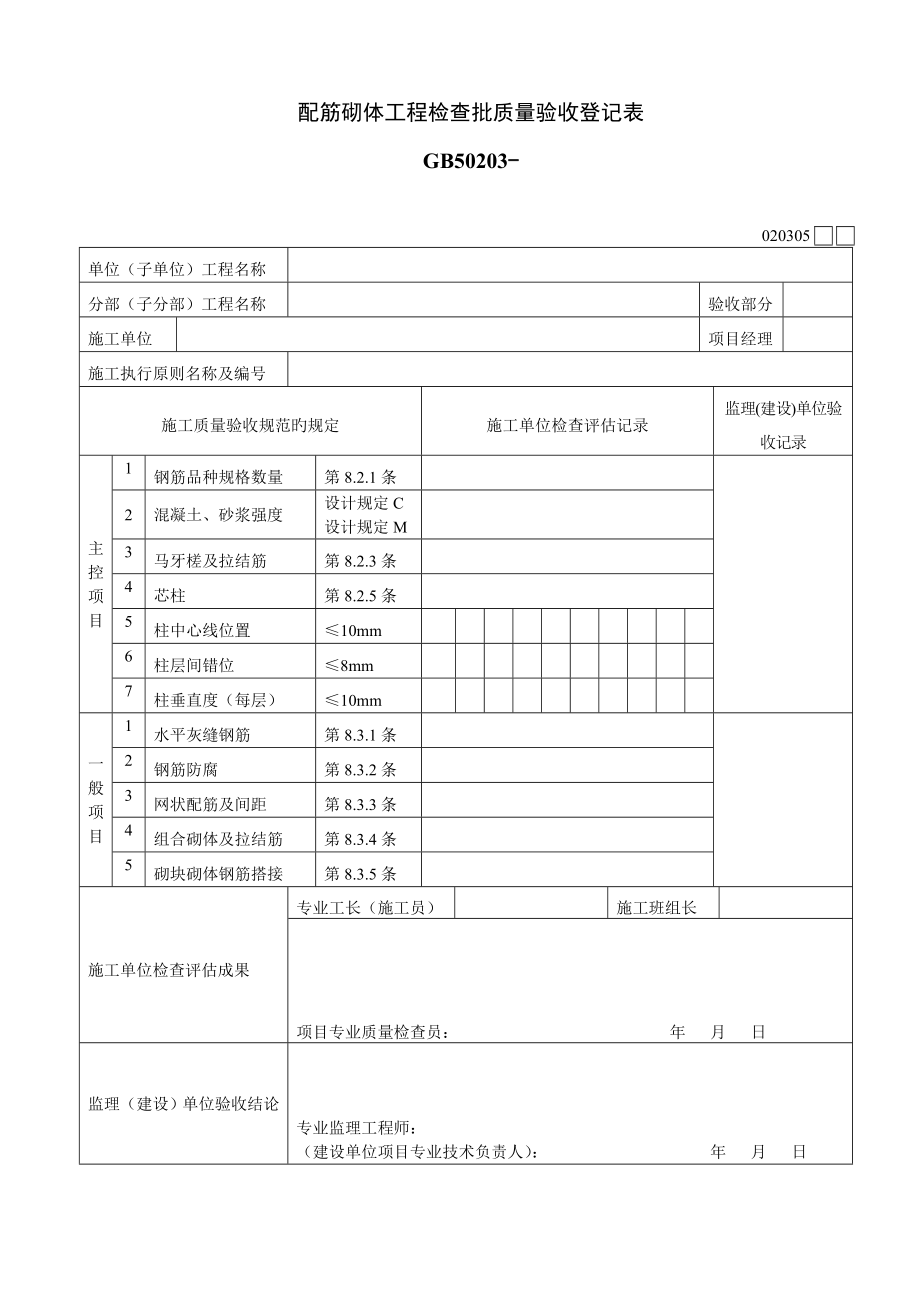 配筋砌体关键工程检验批质量验收记录表_第1页