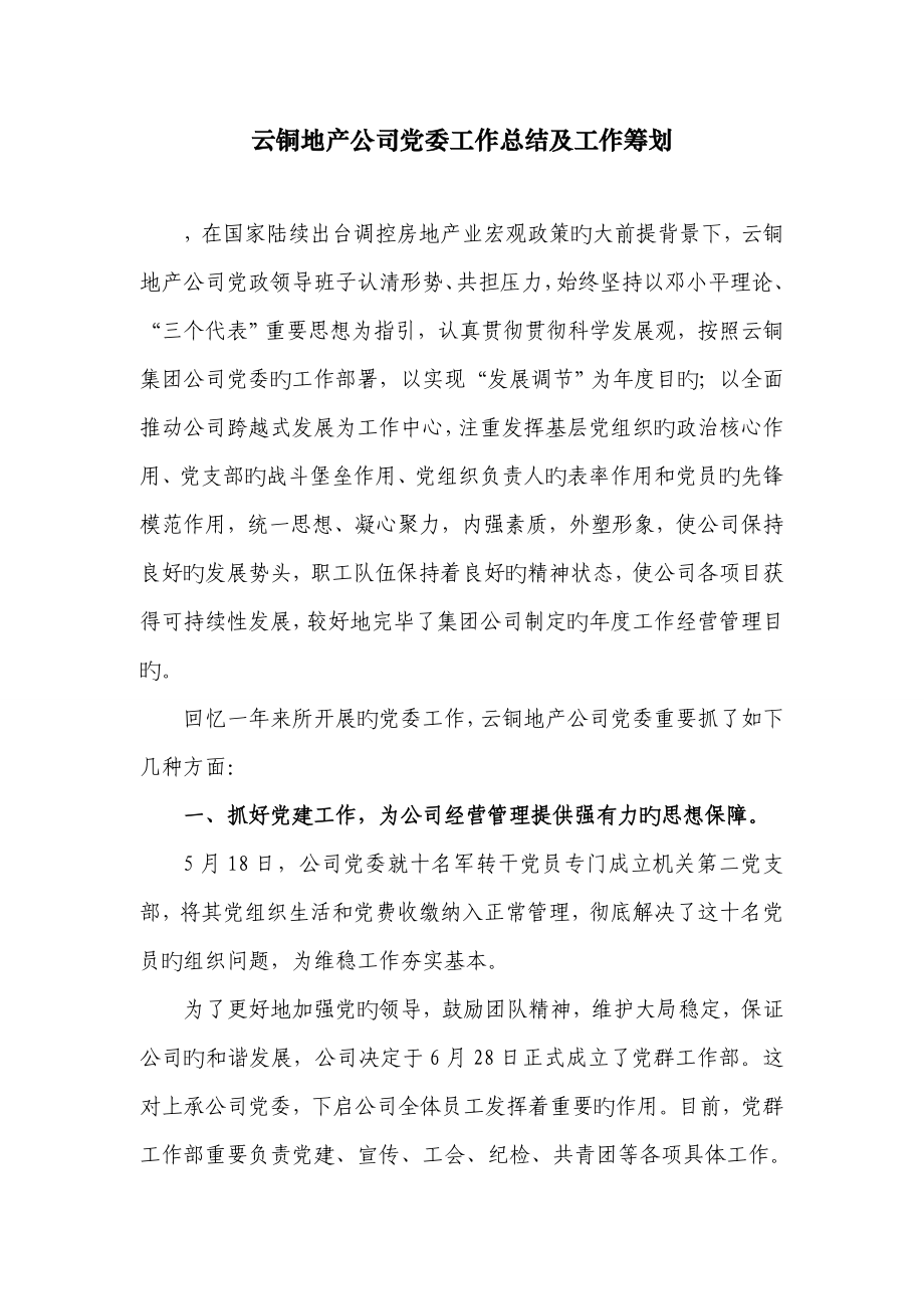 云铜地产公司党委工作总结及工作综合计划_第1页
