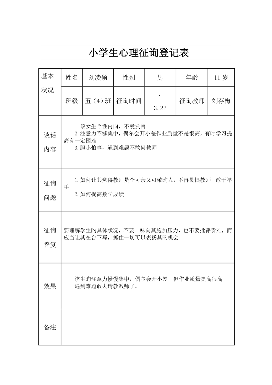 小學生心理健康諮詢個案輔導記錄表樣本