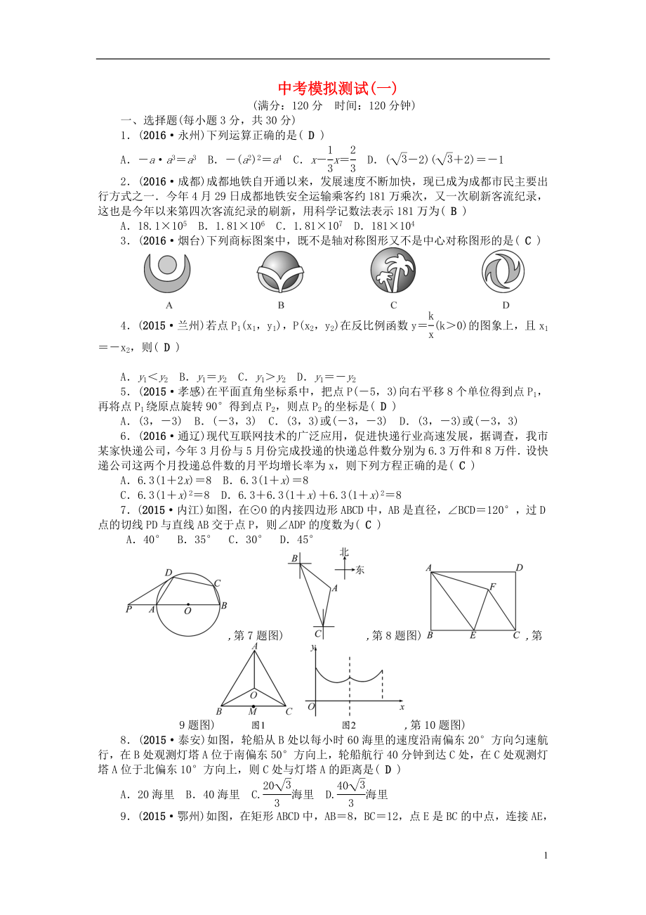 中考数学模拟测试（一）新人教版_第1页