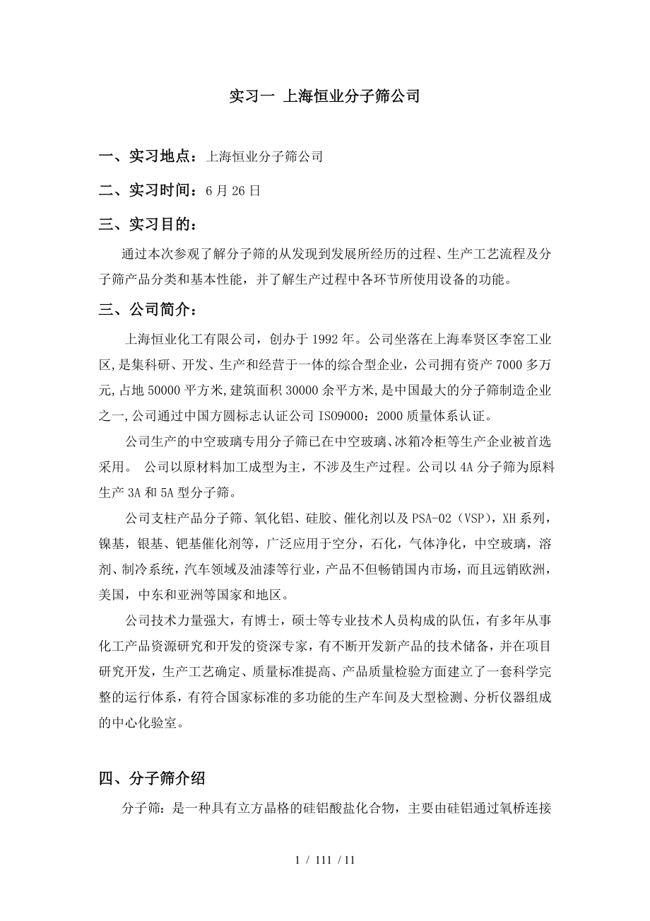上海恒业分子筛公司生产实习报告_第1页