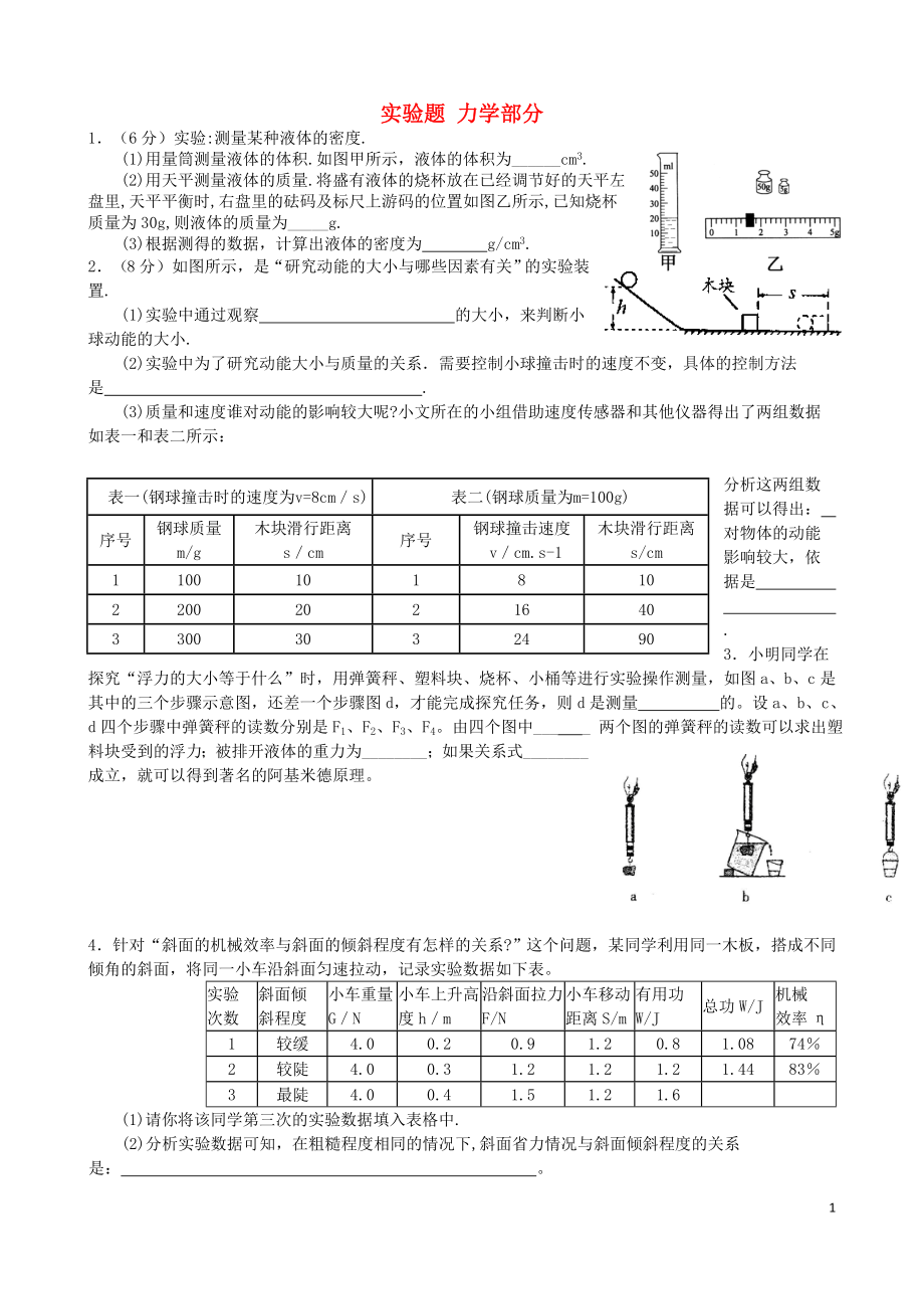 2021屆初中物理 實(shí)驗(yàn)題 力學(xué)部分_第1頁(yè)