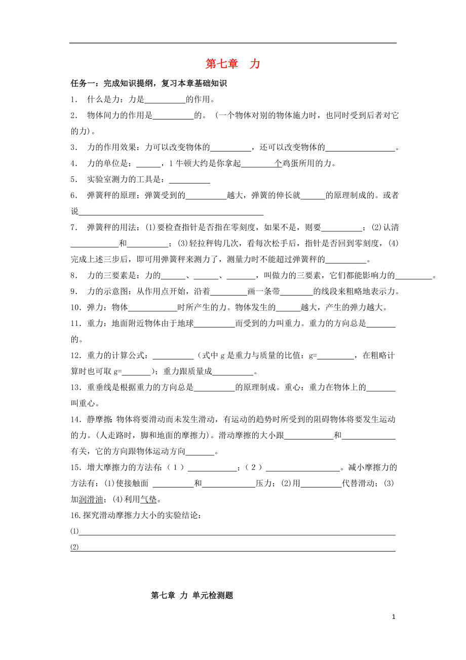 2021八年級物理下冊 第七章 力單元綜合復(fù)習檢測題 教科版_第1頁