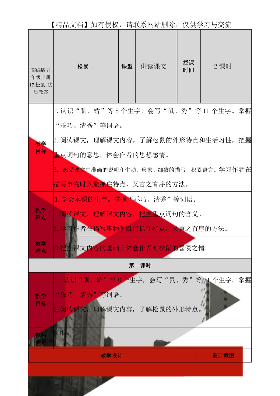 部編版五年級上冊 17.松鼠 優(yōu)質(zhì)教案_第1頁