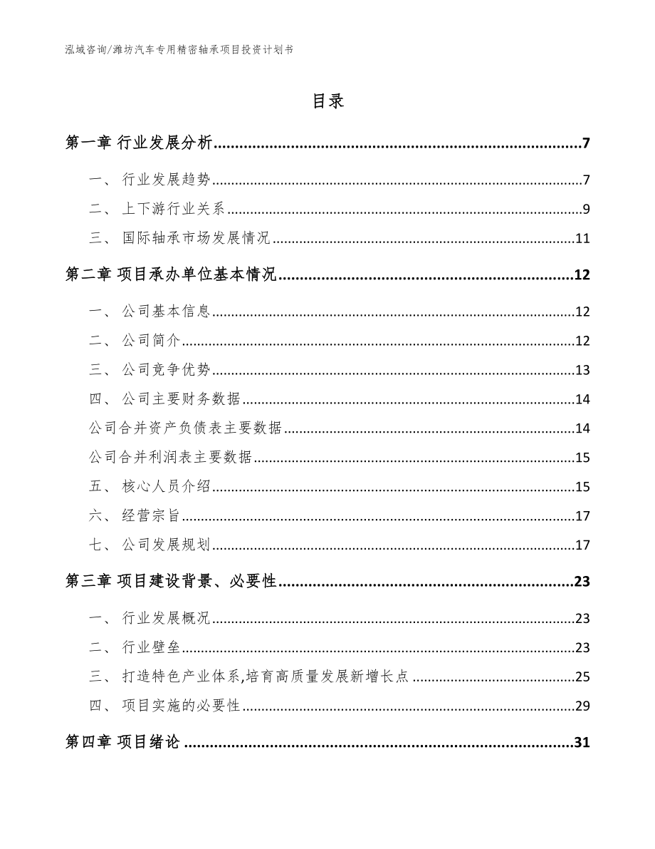 潍坊汽车专用精密轴承项目投资计划书（模板参考）_第1页