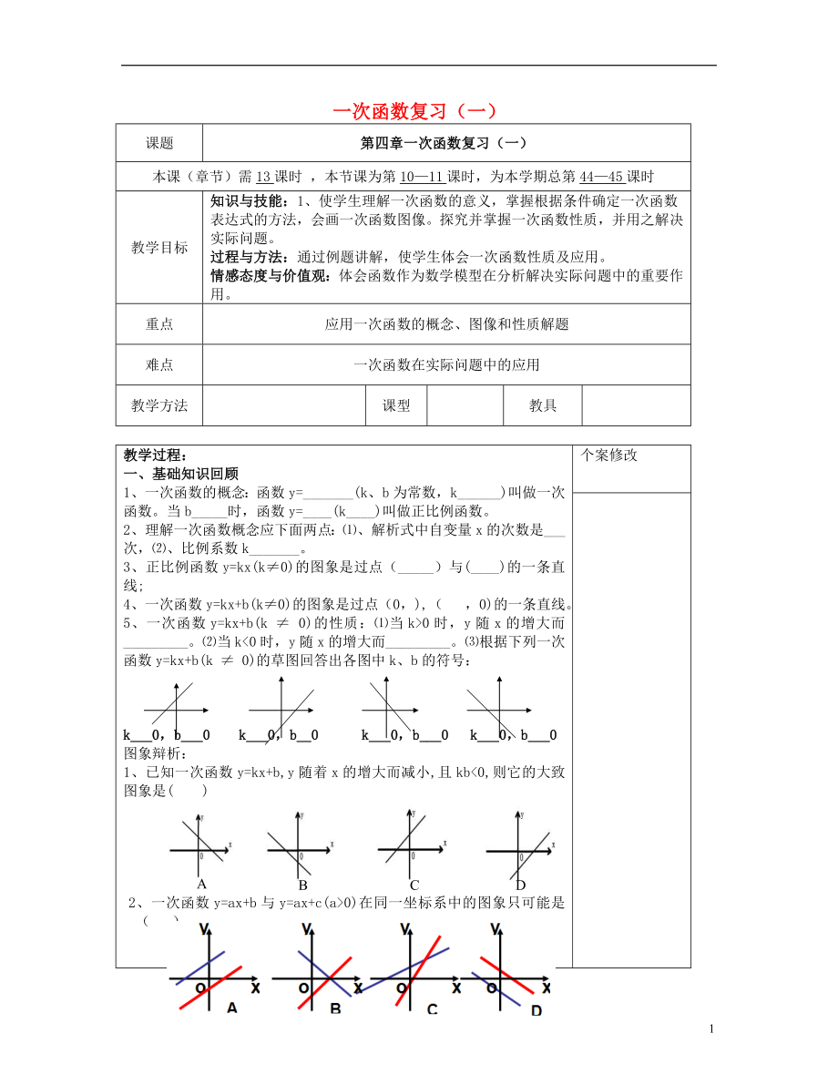 2021八年級數(shù)學(xué)下冊 第四章 一次函數(shù)（一）復(fù)習(xí)教案 （新版）湘教版_第1頁