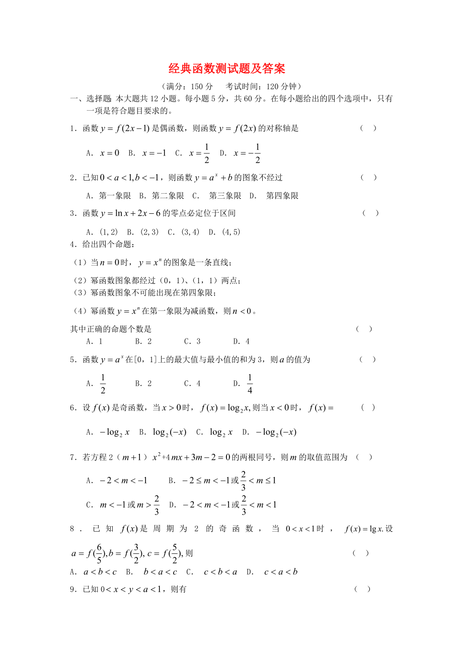 高中数学经典函数试题及答案_第1页
