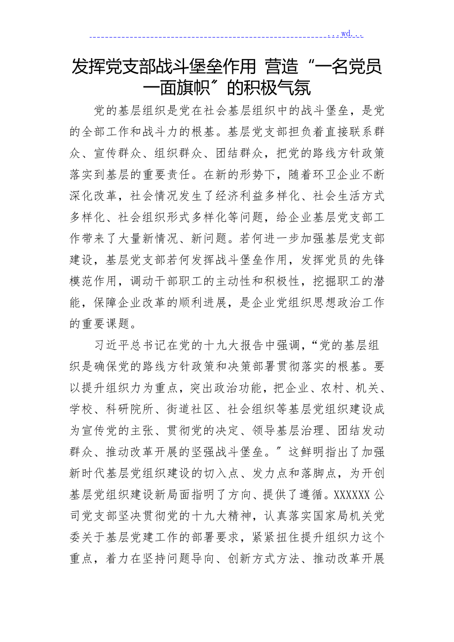 发挥党支部战斗堡垒作用 营造“一名党员一面旗帜”的积极氛围_第1页