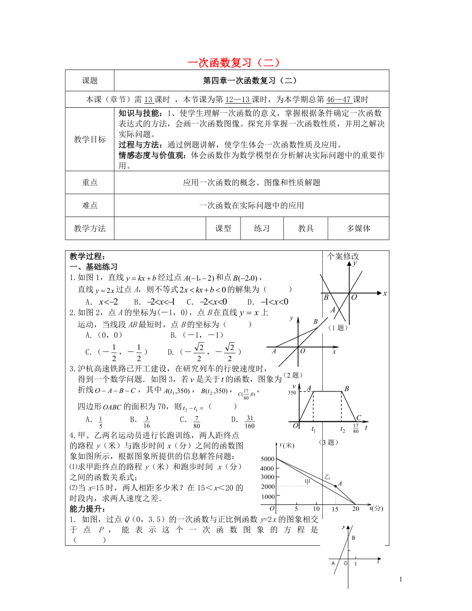 2021八年級(jí)數(shù)學(xué)下冊(cè) 第四章 一次函數(shù)（二）復(fù)習(xí)教案 （新版）湘教版_第1頁(yè)