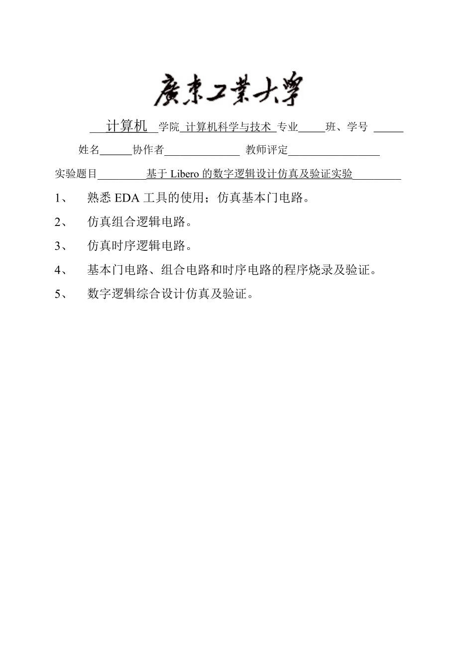 基于Libero的数字逻辑设计仿真及验证实验报告_第1页