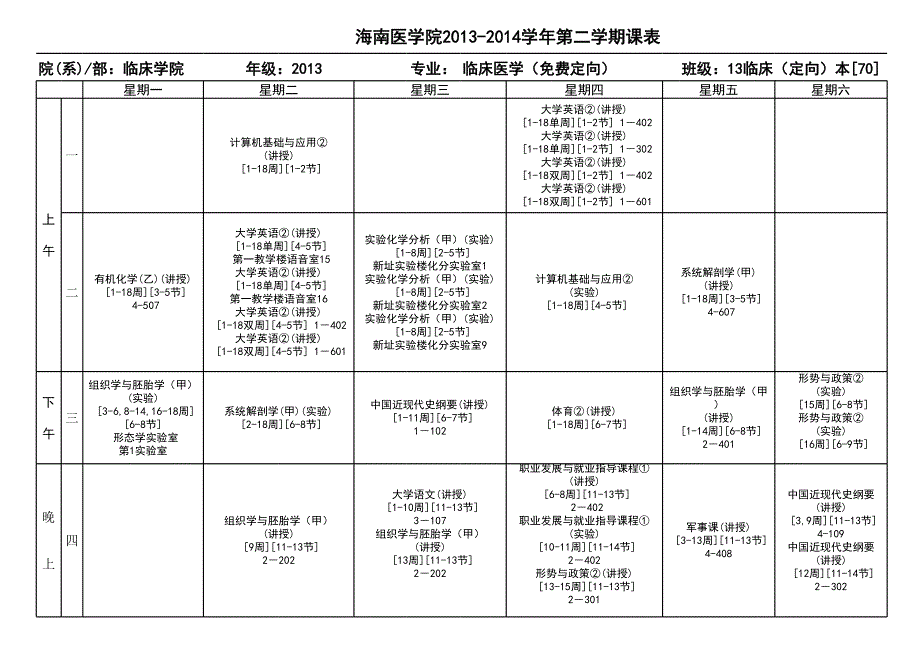 医学生大一下学期课表_第1页