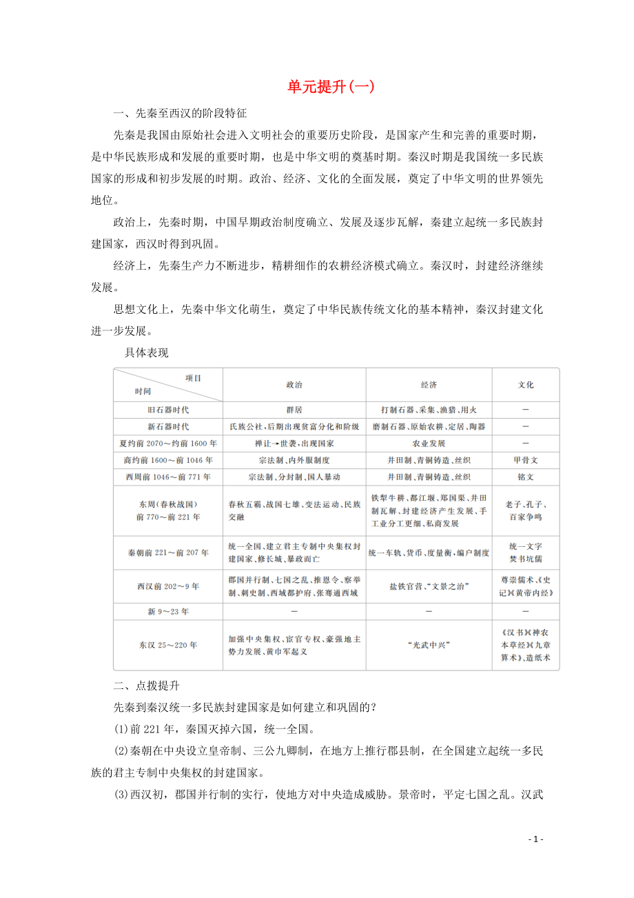 2019-2020學(xué)年新教材高中歷史 第一單元 從中華文明起源到秦漢統(tǒng)一多民族封建國家的建立與鞏固 單元提升（一）學(xué)案 新人教版必修《中外歷史綱要（上）》_第1頁