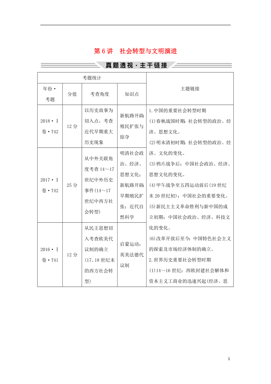 2019版高考歷史二輪復習 第三部分 熱點串講篇 第6講 社會轉(zhuǎn)型與文明演進學案_第1頁