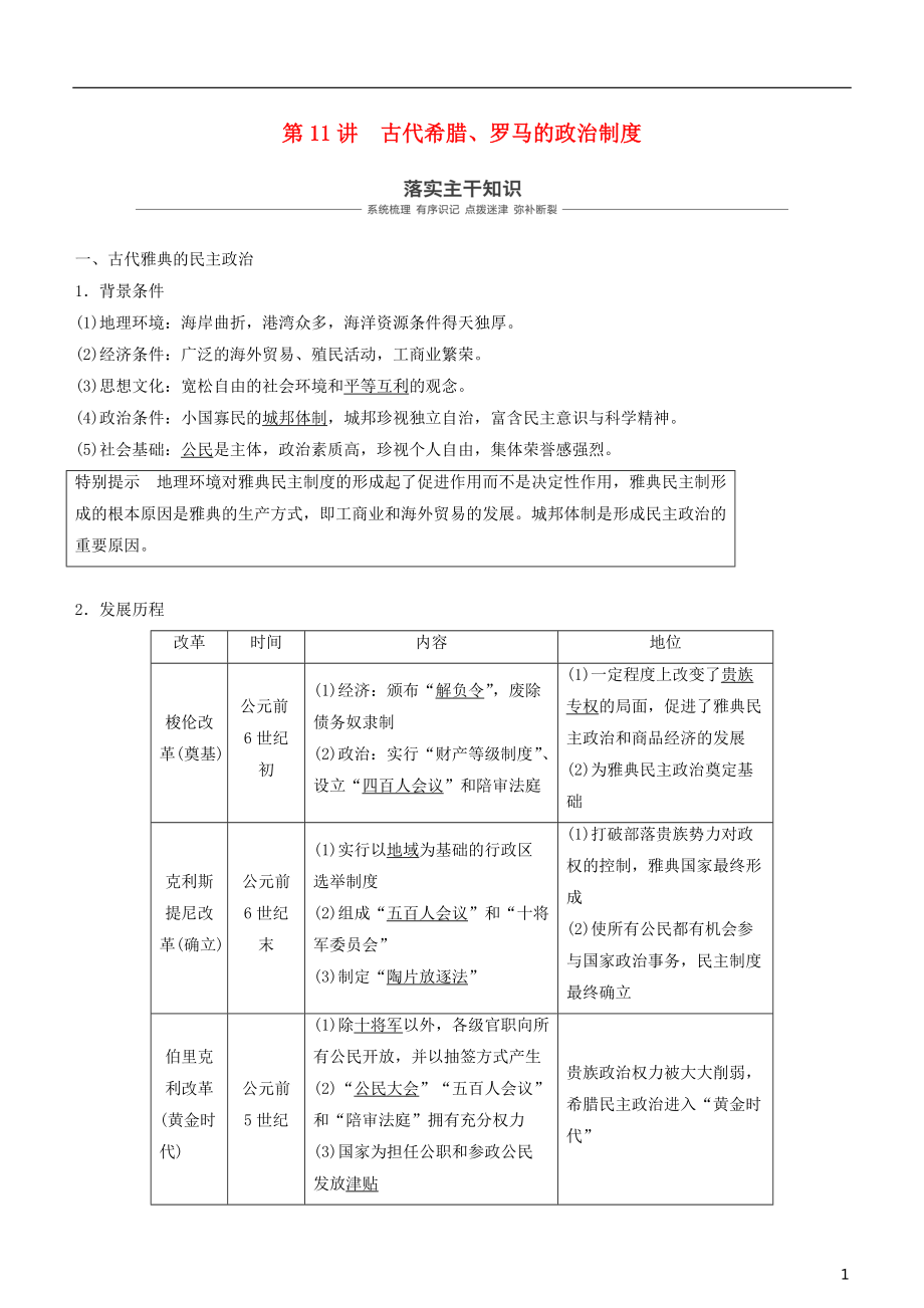 2019年度高考?xì)v史一輪復(fù)習(xí) 專題四 古代希臘、羅馬和近代西方的政治文明 第11講 古代希臘、羅馬的政治制度學(xué)案_第1頁