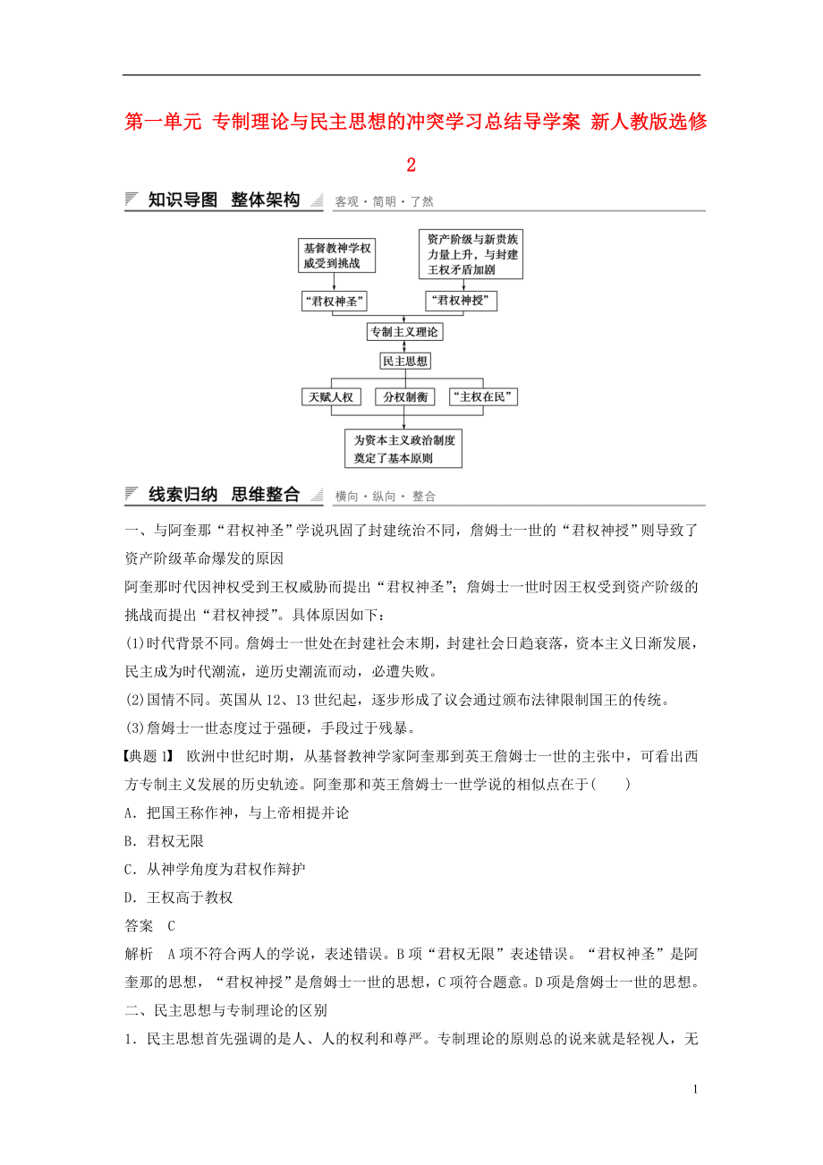 2015-2016學(xué)年高中歷史 第一單元 專制理論與民主思想的沖突學(xué)習(xí)總結(jié)導(dǎo)學(xué)案 新人教版選修2_第1頁(yè)