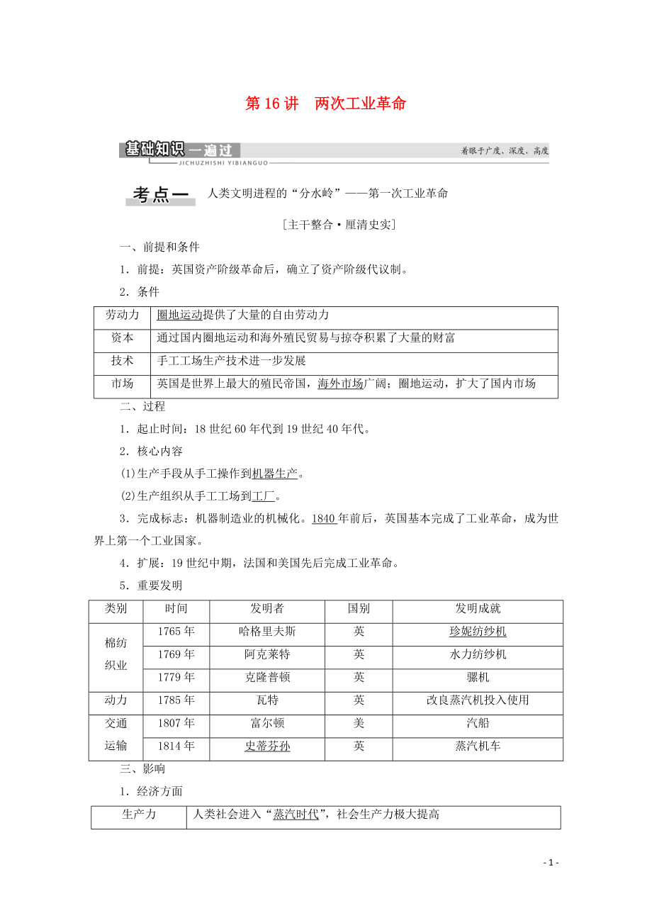 2021高考歷史一輪復(fù)習(xí) 第7單元 資本主義世界市場的形成和發(fā)展 第16講 兩次工業(yè)革命教學(xué)案 新人教版_第1頁