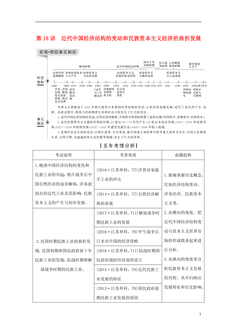 （江蘇專用）2019屆高考?xì)v史一輪復(fù)習(xí) 第九單元 近代我國(guó)經(jīng)濟(jì)的發(fā)展和近現(xiàn)代社會(huì)生活的變遷 第18講 近代我國(guó)經(jīng)濟(jì)結(jié)構(gòu)的變動(dòng)和民族資本主義經(jīng)濟(jì)的曲折發(fā)展學(xué)案 新人教版_第1頁(yè)