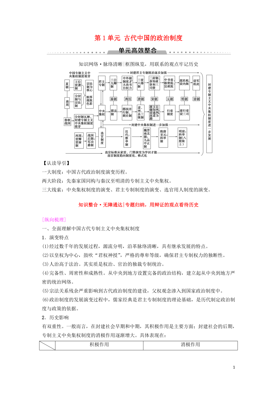 海南省2019屆高考?xì)v史一輪總復(fù)習(xí) 模塊一 政治成長(zhǎng)歷程 第1單元 古代中國(guó)的政治制度單元高考整合學(xué)案_第1頁(yè)