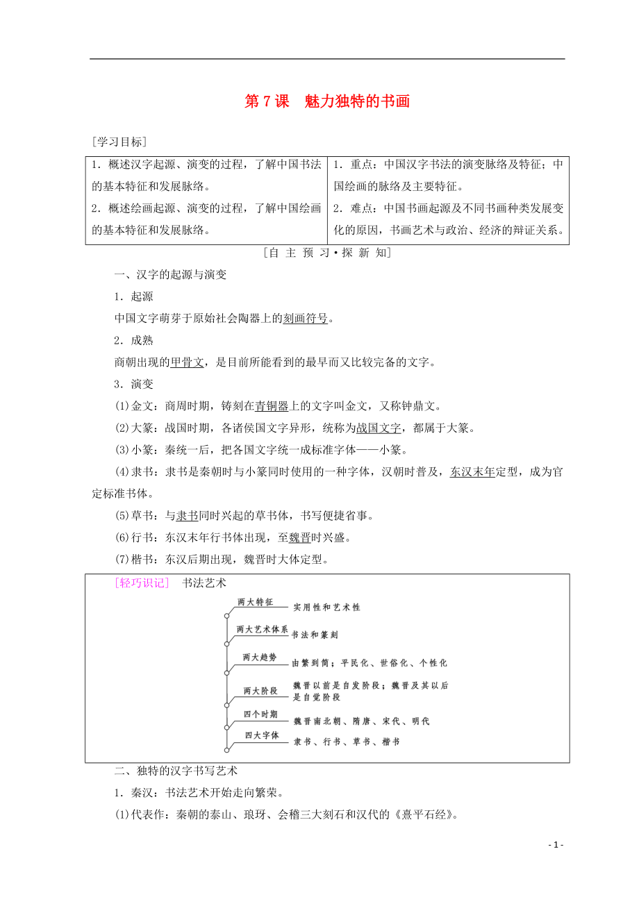 2018秋高中歷史 第2單元 古代中國的科技與文化 第7課 魅力獨特的書畫學(xué)案 北師大版必修3_第1頁